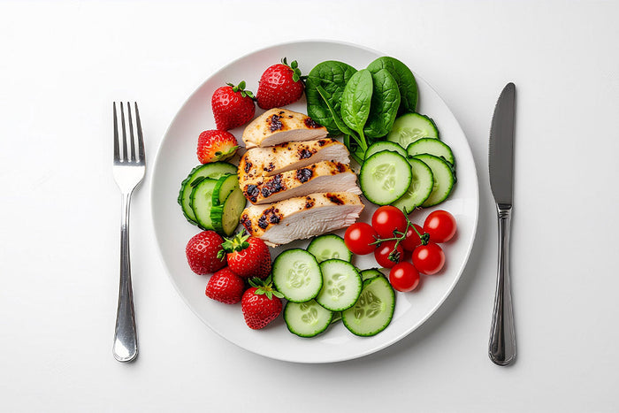 A colorful plate of grilled chicken and fresh produce representing balanced, nutrient-rich meals that support healthy, sustainable weight loss.