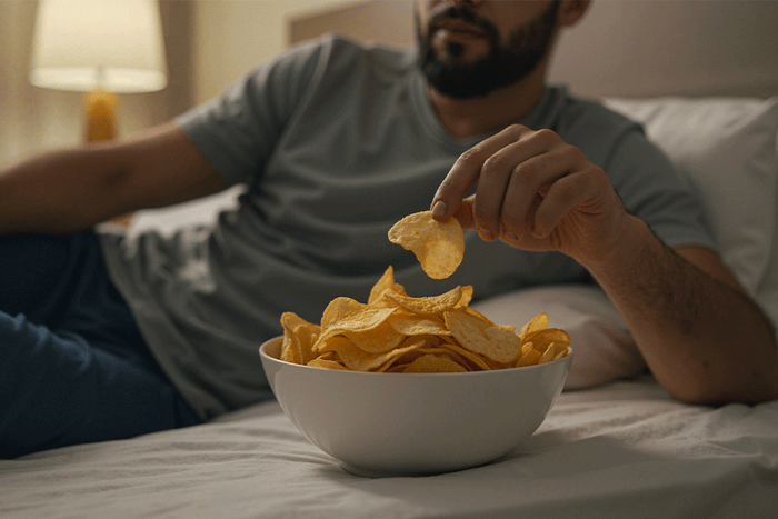 A man sitting in bed eating a bowl of potato chips, representing poor nutrition habits contributing to America’s growing health crisis.