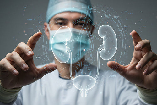 Medical professional examining a digital hologram of kidneys, illustrating creatine’s relationship to kidney function.