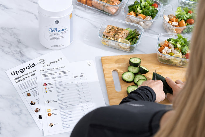 Meal prepping protein-rich foods alongside Mend Joint Replacement nutrition support, highlighting nutrition’s critical role in better surgery outcomes.