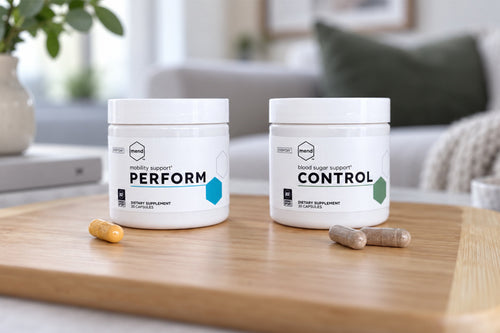 Mend Perform and Control supplements supporting mobility and blood sugar health as part of a healthy aging routine.